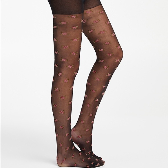 3 for $30 Simons BNWT Floral Black Tights rose jacquard - Picture 1 of 3
